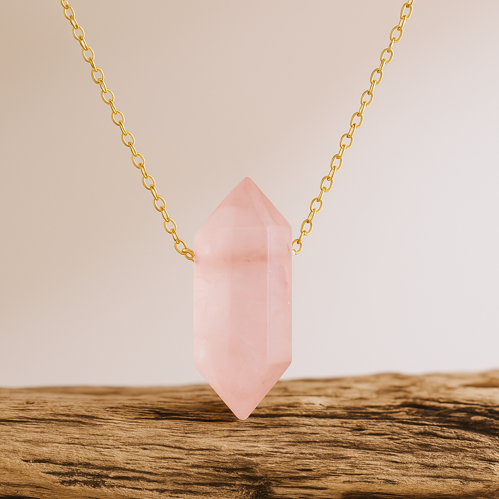 Rosenquarz Halskette - Hexagon Anhänger