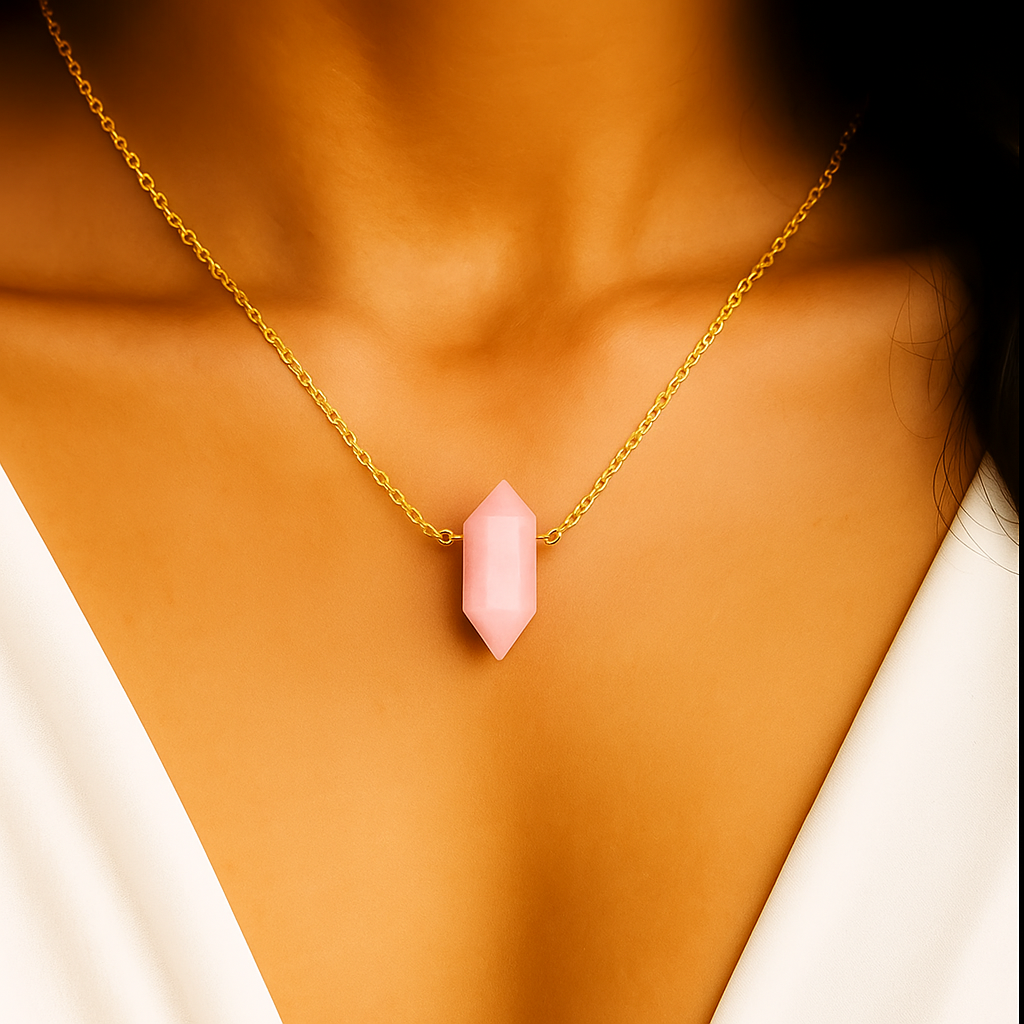 Rosenquarz Halskette - Hexagon Anhänger