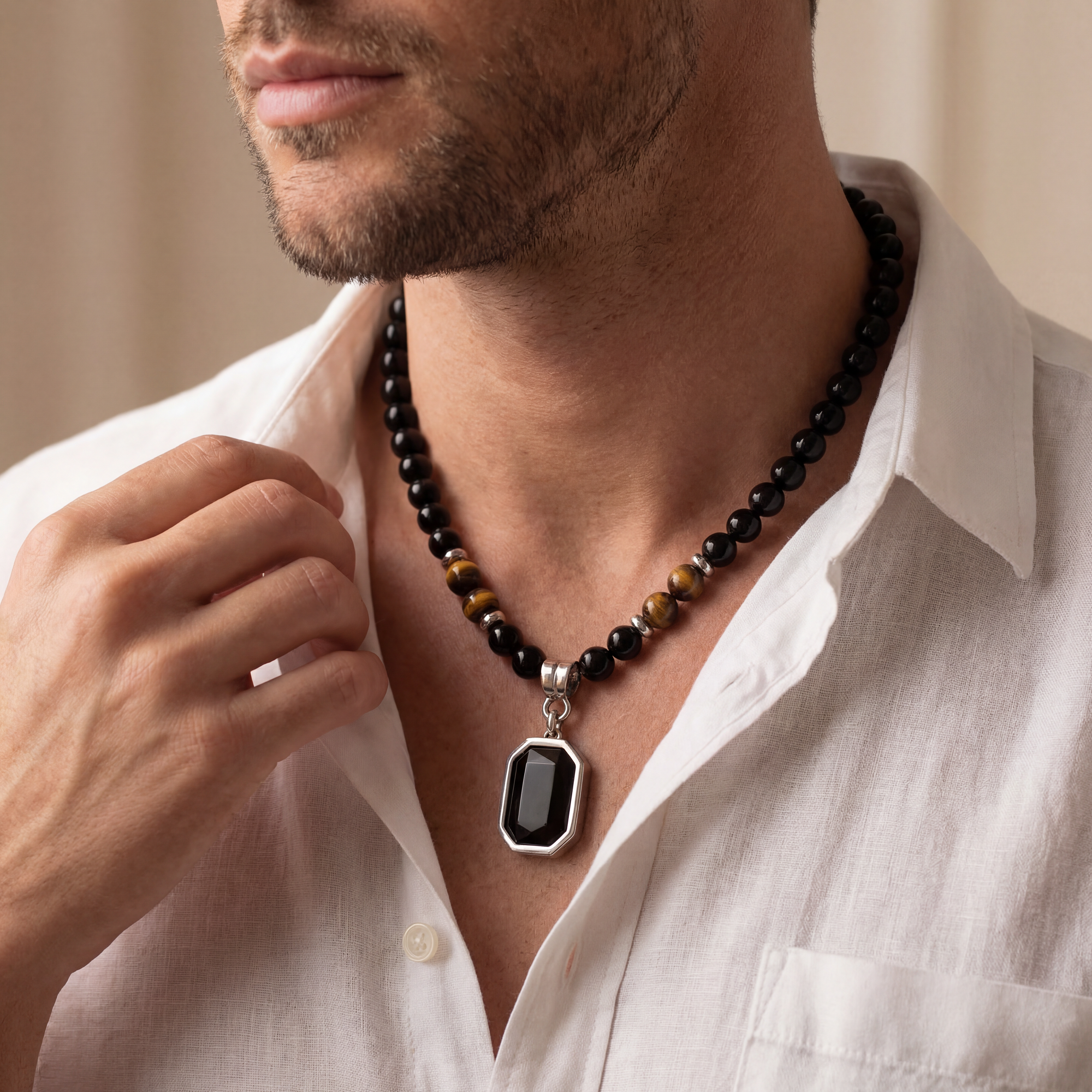 Obsidian & Tigerauge Halskette - Unendliche Stärke