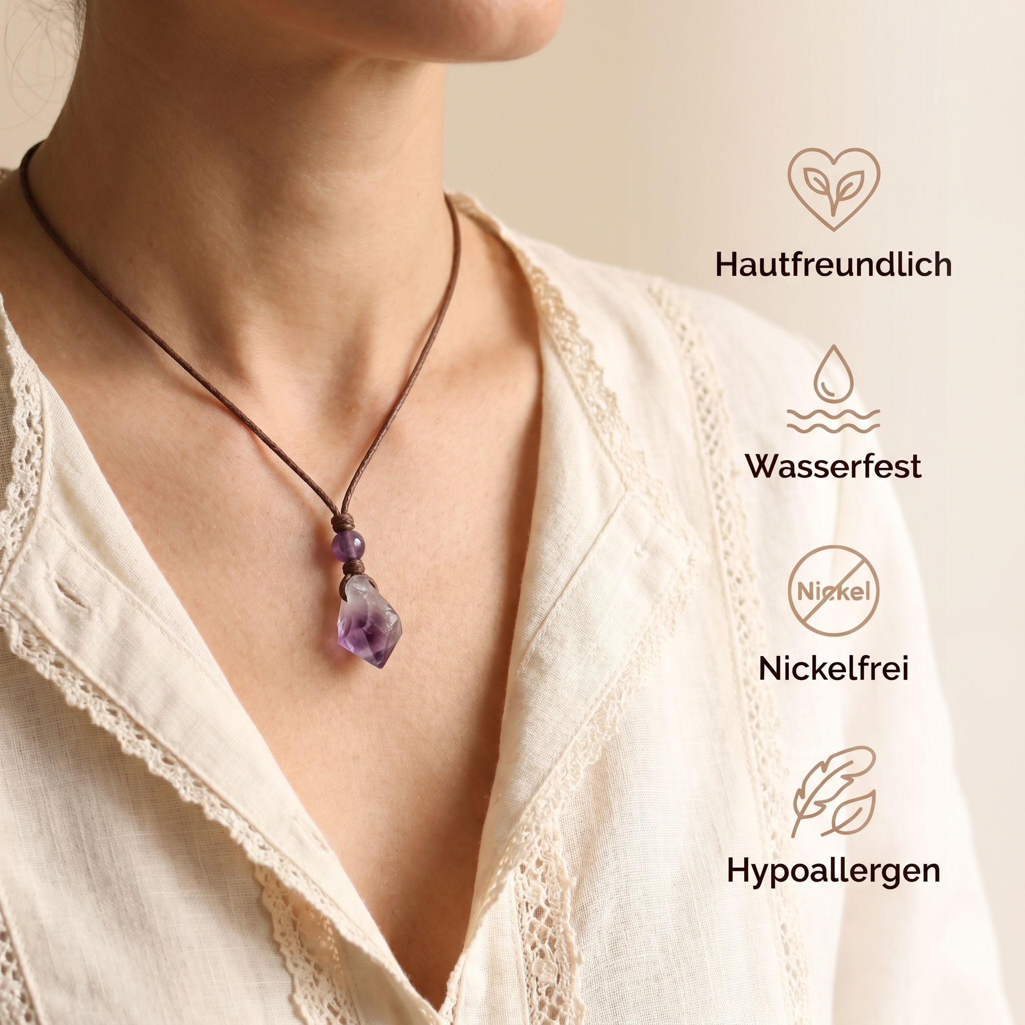 Amethyst Halskette - Unbearbeitet mit Cordband