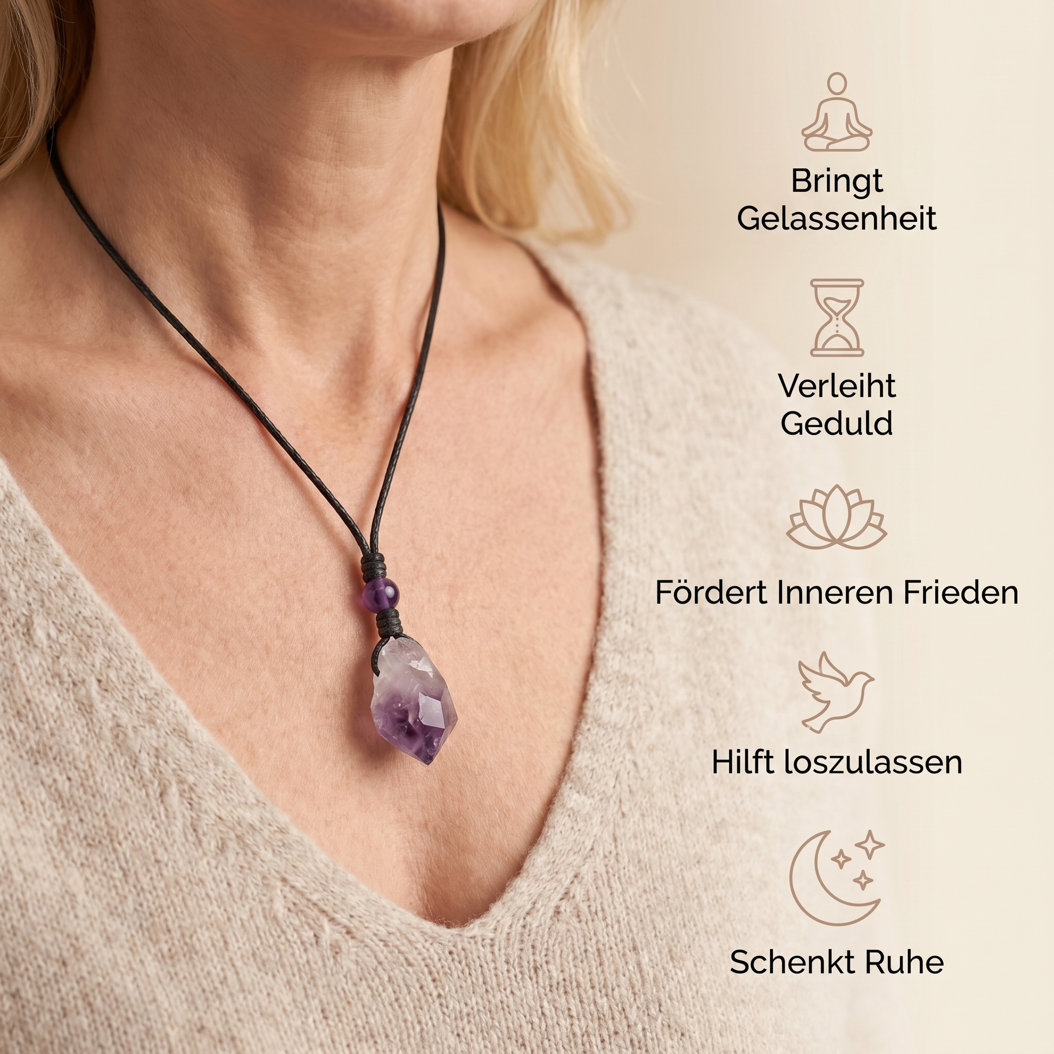 Amethyst Halskette - Unbearbeitet mit Cordband