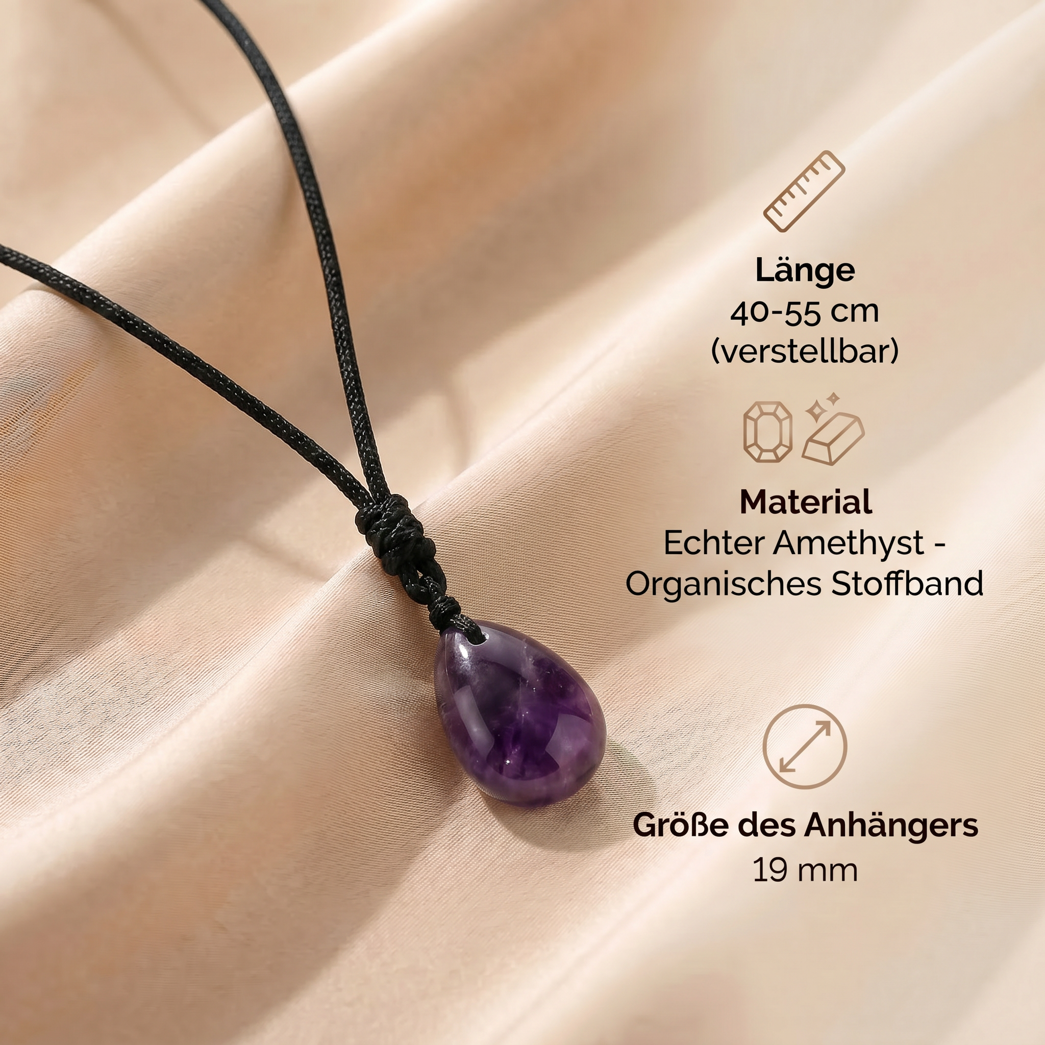 Amethyst Halskette - Perle mit Stoffkette