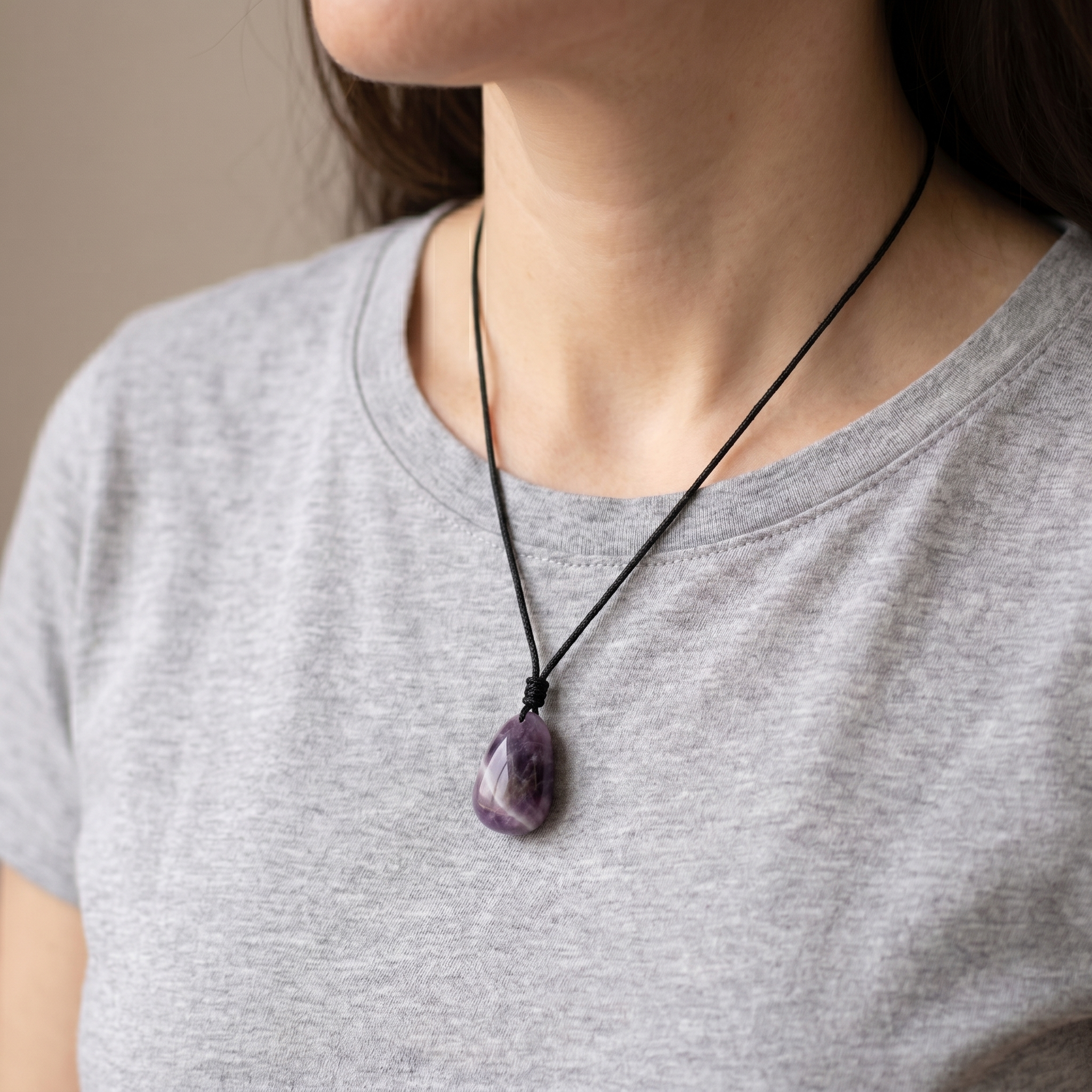 Amethyst Halskette - Perle mit Stoffkette