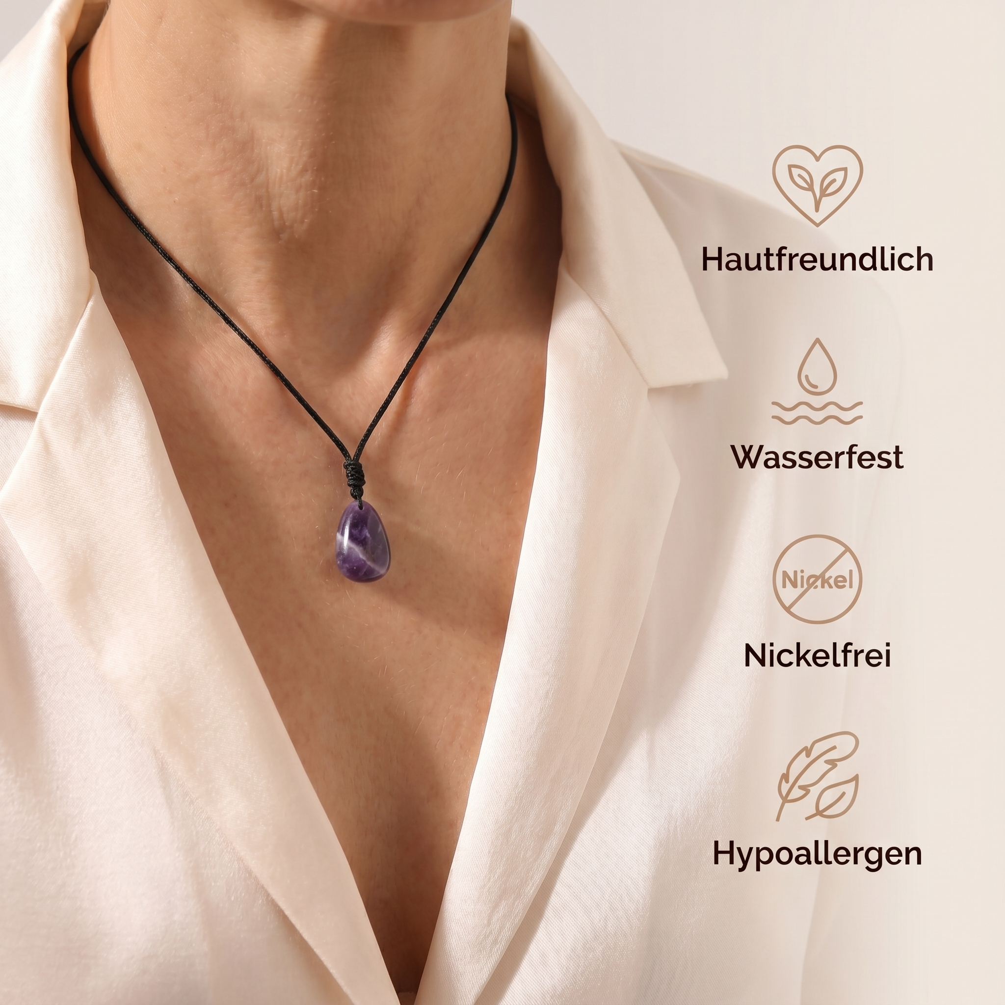 Amethyst Halskette - Perle mit Stoffkette