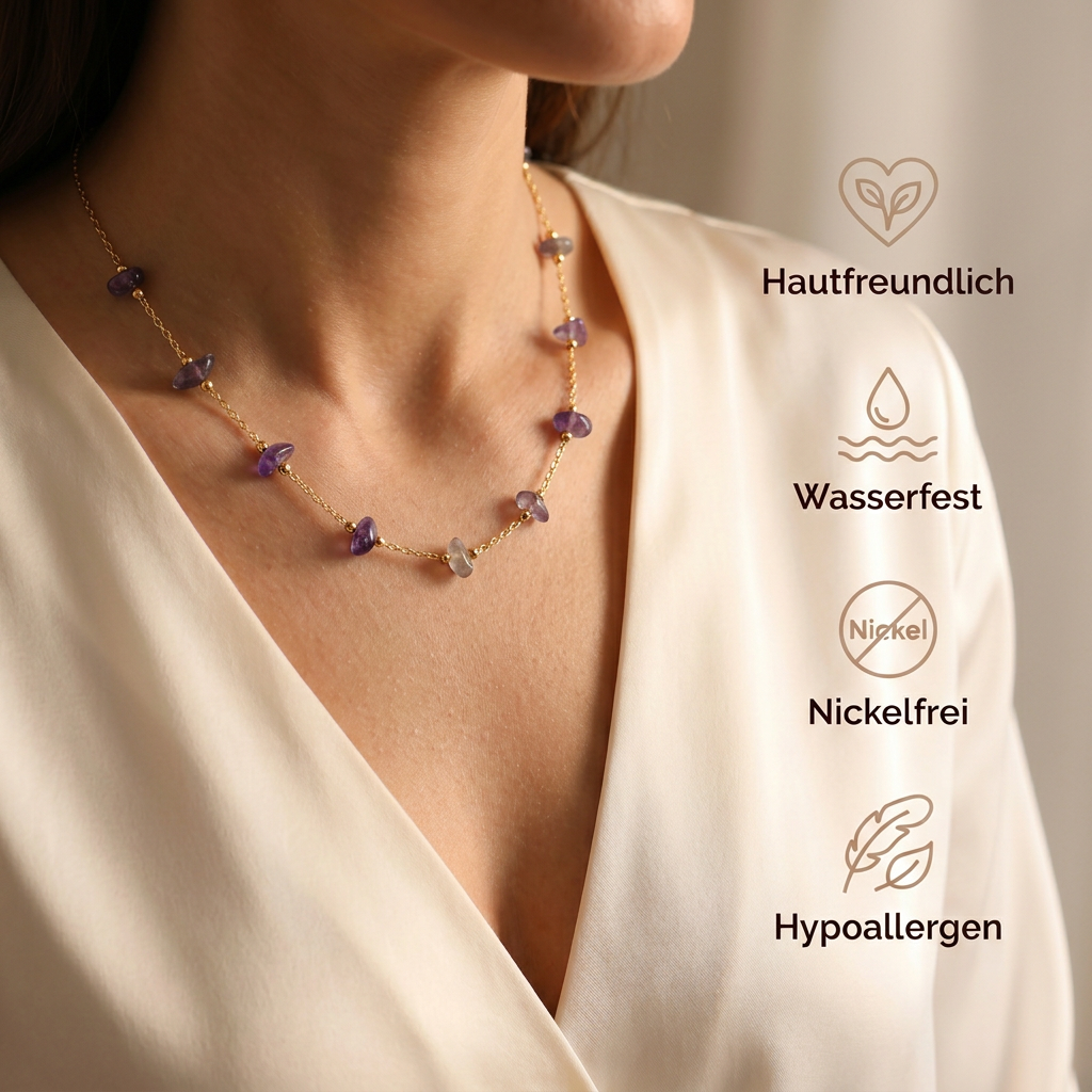 Amethyst Halskette - Rohperlen S925 Silber Gold legiert