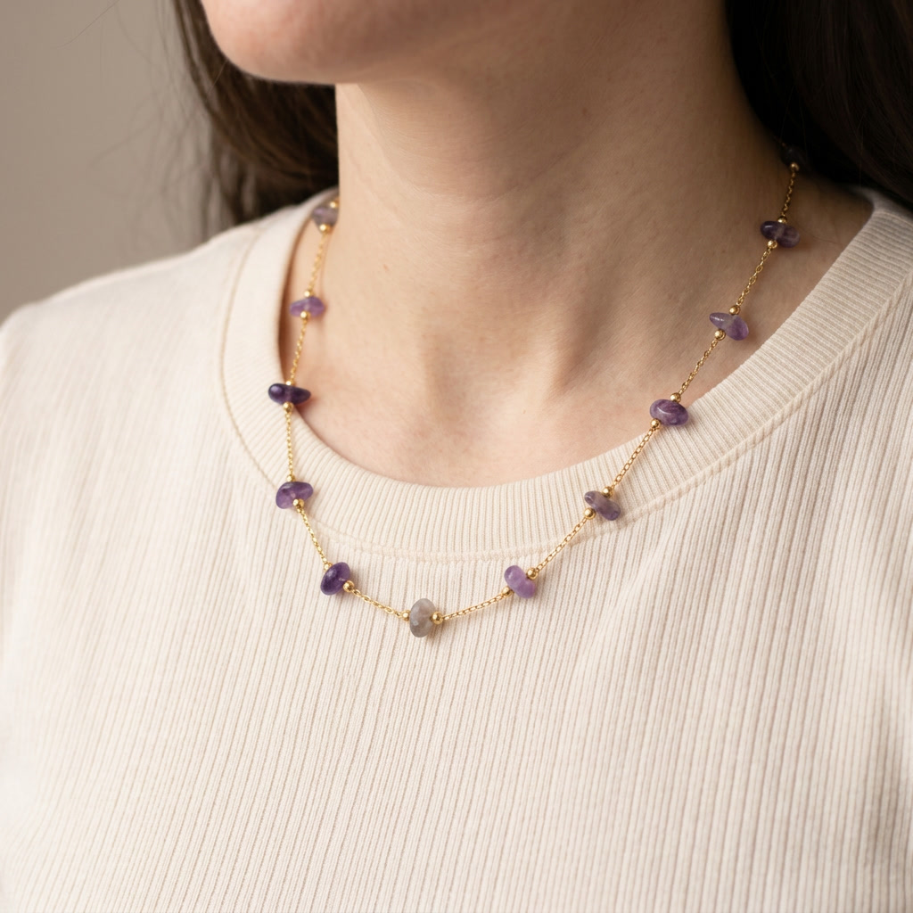 Amethyst Halskette - Rohperlen S925 Silber Gold legiert