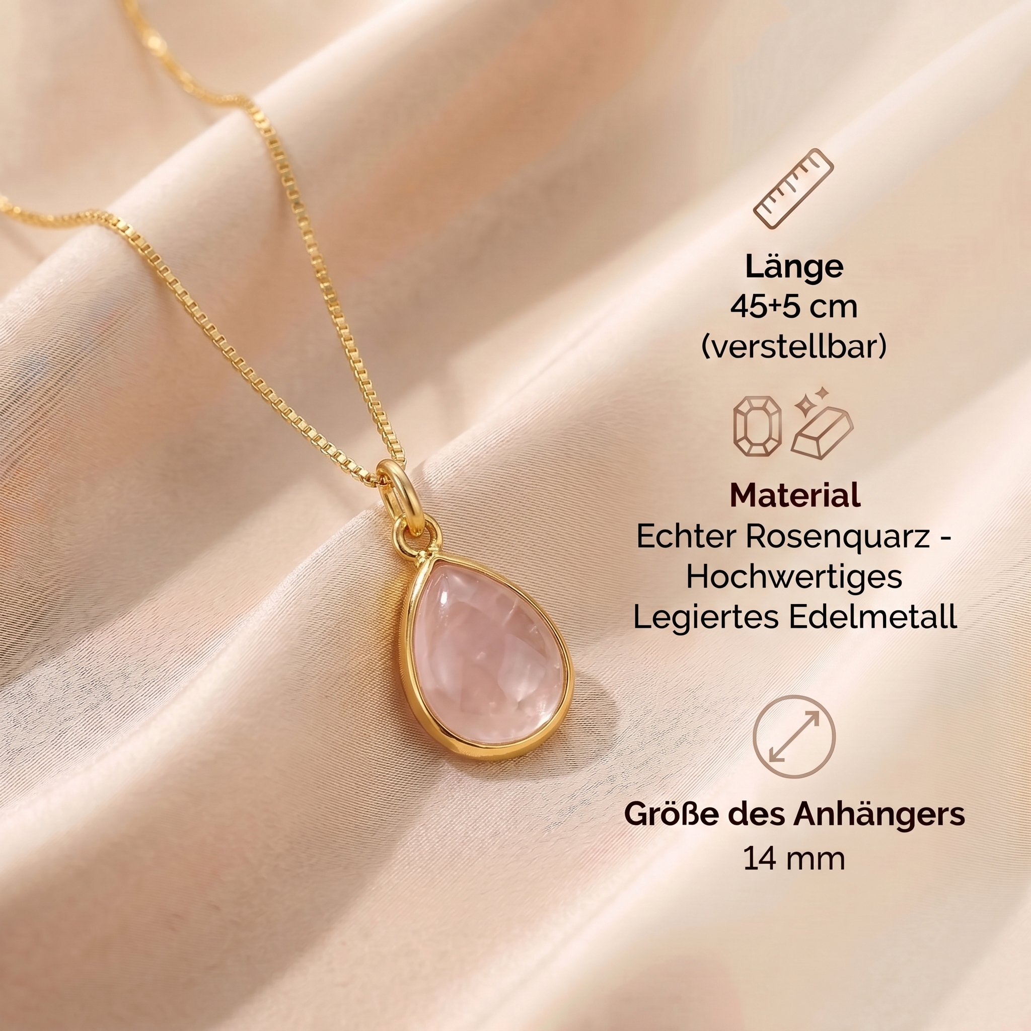 Rosenquarz Halskette mit 14 K Goldkette