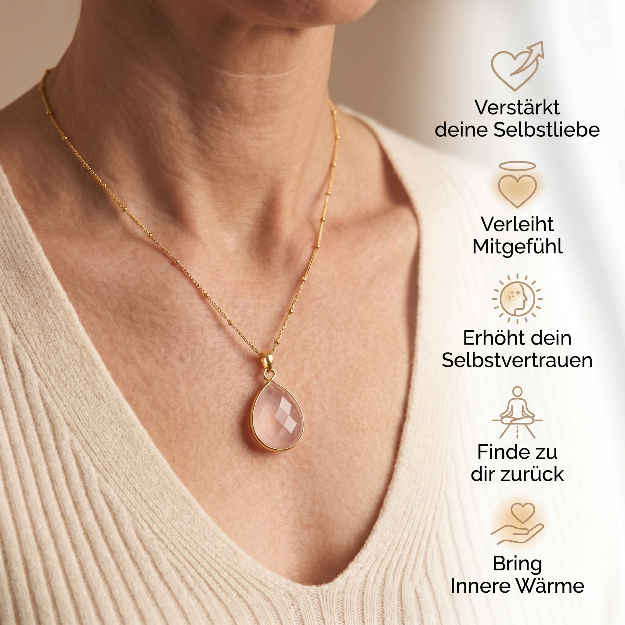Rosenquarz Halskette - Medallion Tropfenform