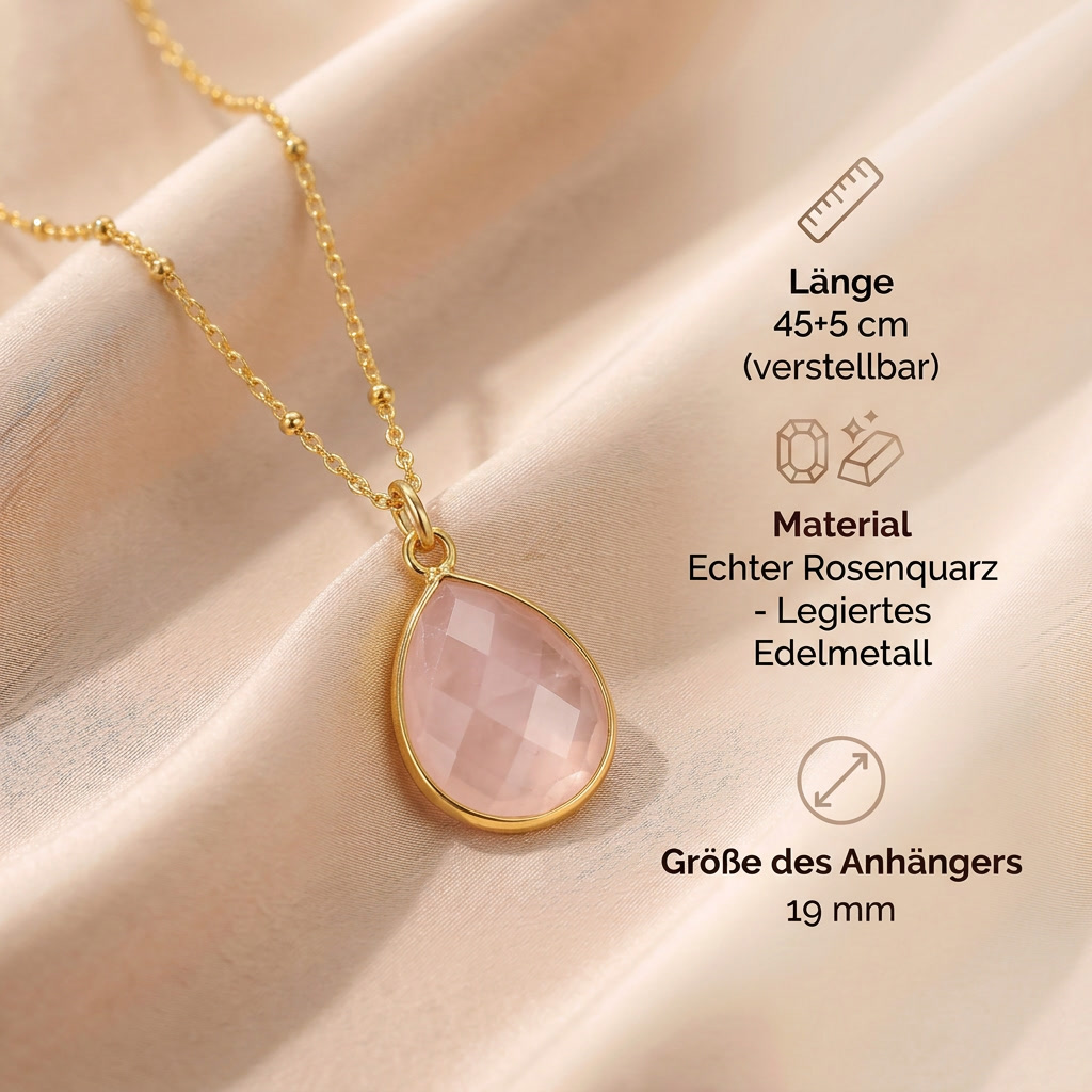 Rosenquarz Halskette - Medallion Tropfenform