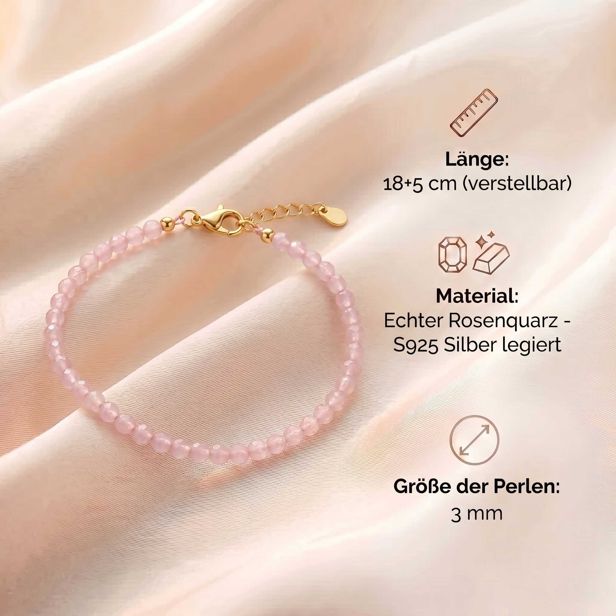 Rosenquarz Armband - Perlen geschliffen